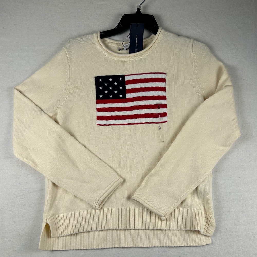 Tommy Hilfiger American Flag Cotton Sweater Cream XW07858 250 AEF Womens Small